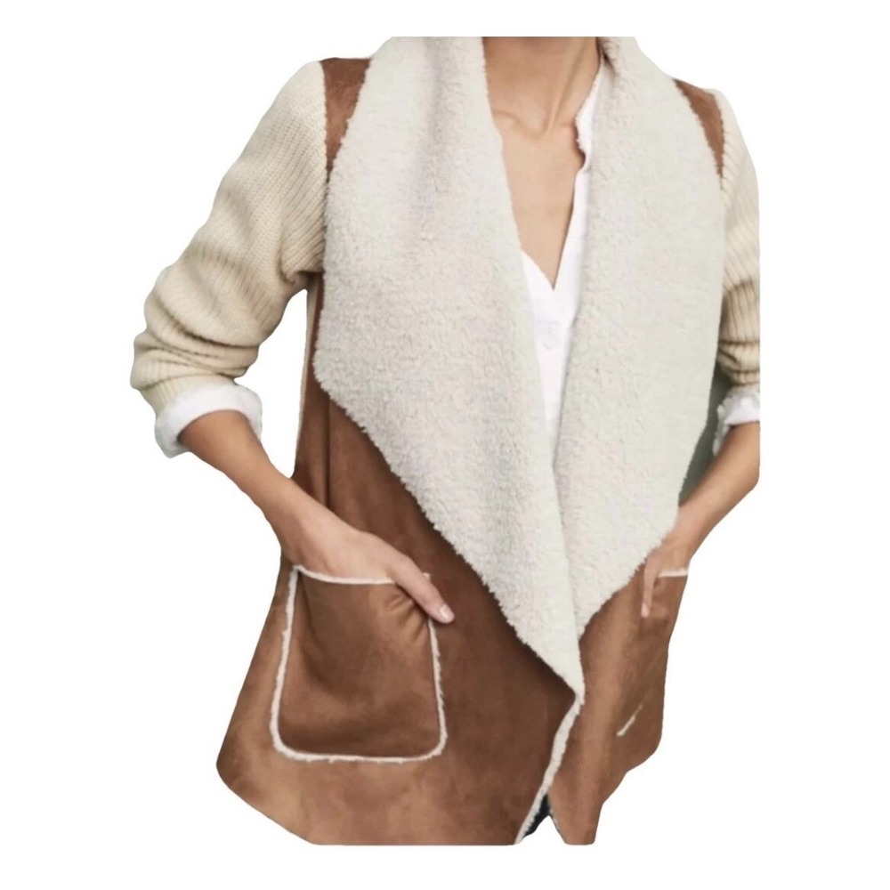 Moth Anthropologie Faux Shearling Suede Ribbed Knit Cardigan XS Brown